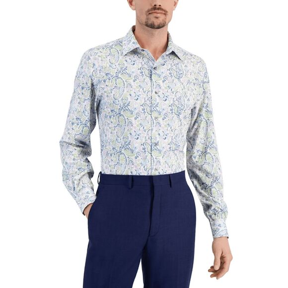 Alfani Men's Paisley Slim Fit Stretch Button Down Shirt - White Lavender L - Picture 1 of 8